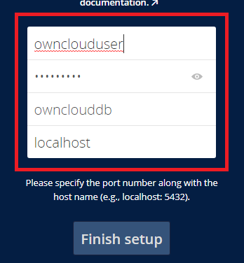 Installing Owncloud on Ubuntu 20.04 - Add Database details.