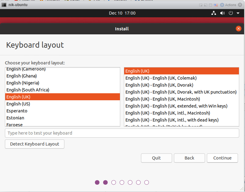 How to install Ubuntu 20/04 Desktop - choose keyboard layout.