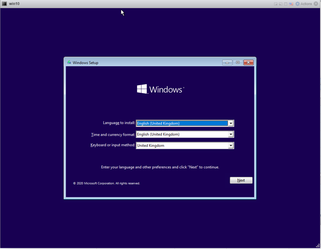 Installing Windows 10 Pro - Start page