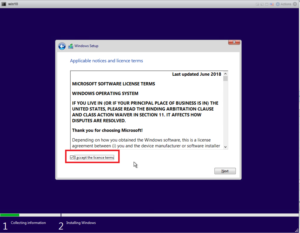 Installing Windows 10 Pro - accept license