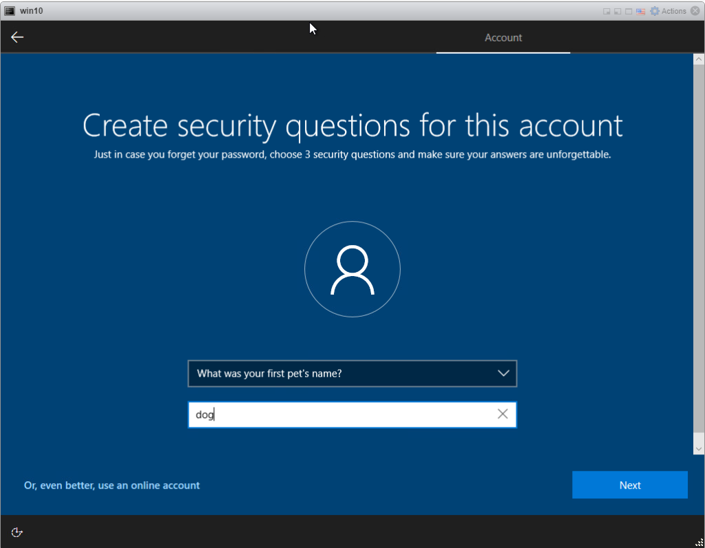 Installing Windows 10 Pro - security question 1