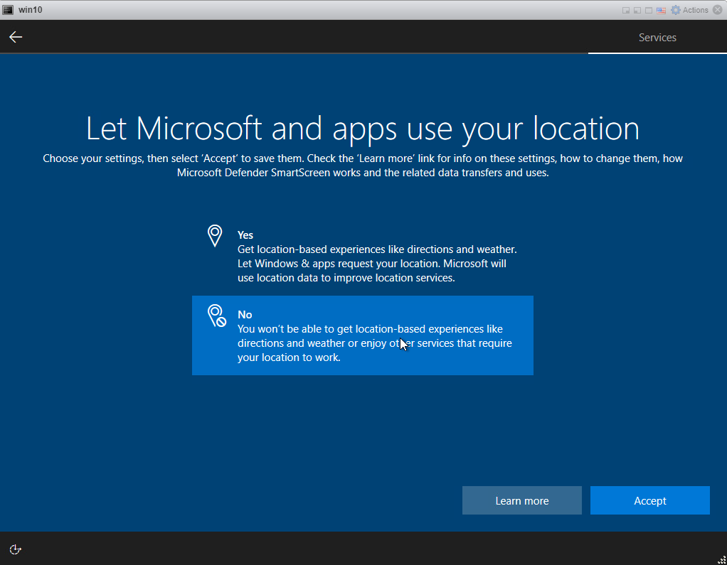 Installing Windows 10 Pro - Location service