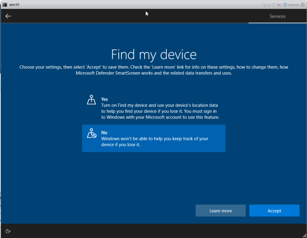 Installing Windows 10 Pro - Find my Device