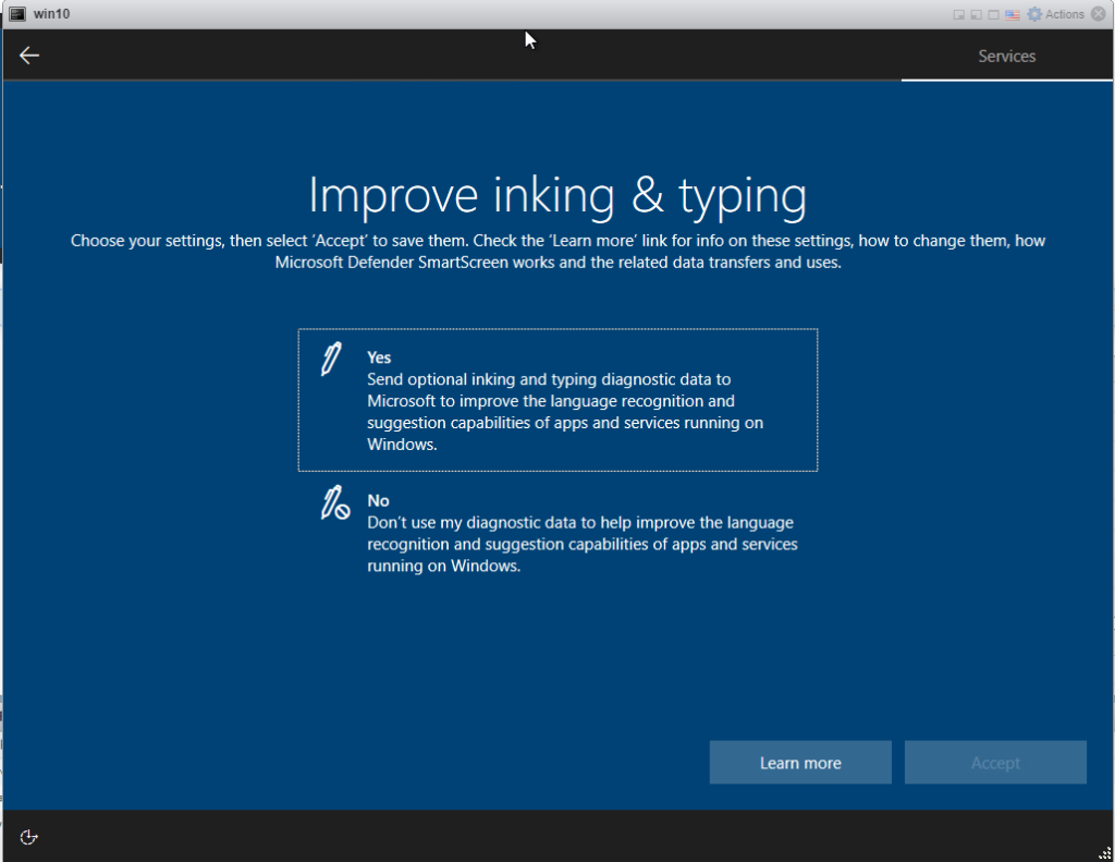 Installing Windows 10 Pro - Inking and Typing