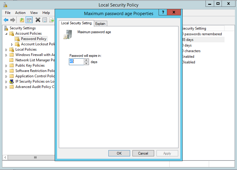 Disable Windows Server 2012 R2 users password expiry - Change Maximum password age.