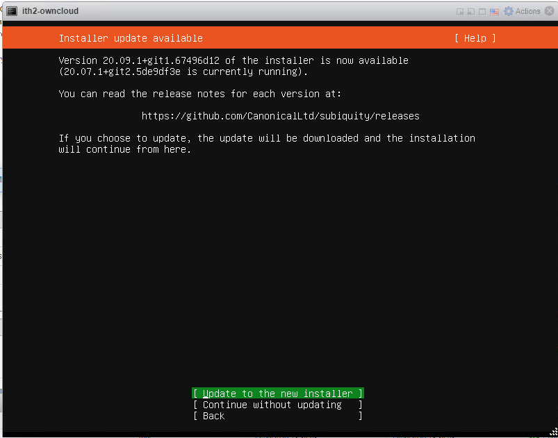 Installing Ubuntu 20.04.1 Server - Update installer press enter