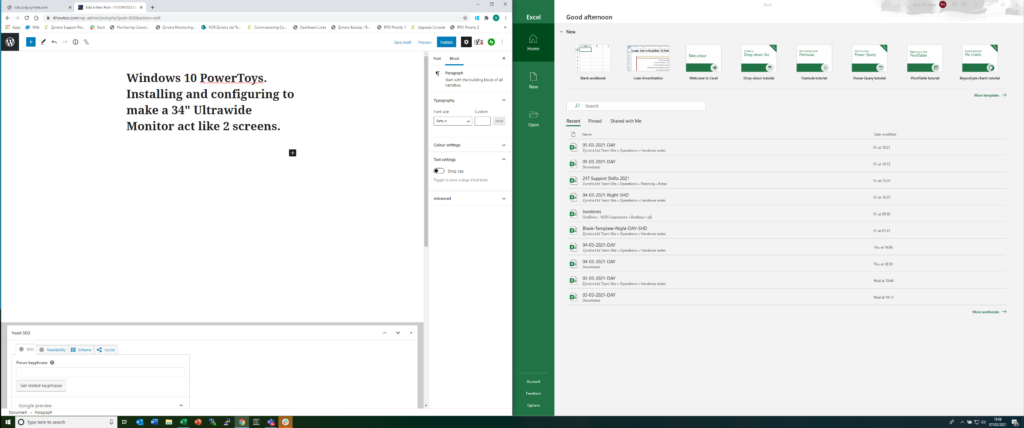 Windows 10 PowerToys, Installing and configuring FancyZones to make a 34" Ultrawide Monitor act like 2 screens.